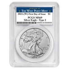 2021 (W) $1 Type 2 American Silver Eagle PCGS MS69 FDOI West Point Label