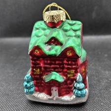 Vintage Glass Christmas Ornament House Red Brick Green Snowy Roof Cabin Village