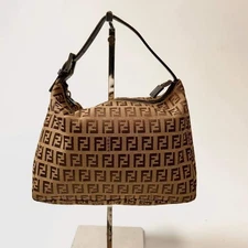 FENDI Zucchino Canvas One-Shoulder Bag Brown Authentic