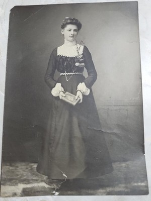Antique Photo Young Woman Holding Book Victorian Dress High Collar Portrait