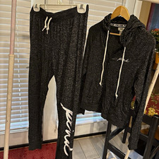PINK Black 2pc Hooded Drawstring Sweatsuit Hoodie  Pants Set Womens S