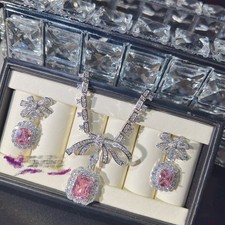 Luxury Pink CZ Bow Jewelry Set   Earrings  Pendant Necklace for Women