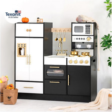 Wooden Play Kitchen Set for Kids   Interactive Pretend Toddler Kitchen Playset w