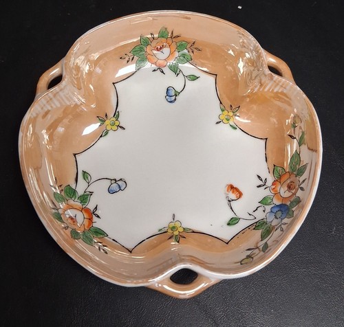 Vintage Japan Peach Lusterware Floral Bowl w/ Handles 7" Trefoil Hand Painted