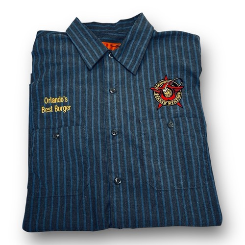 Johnnys Fillin Station Button Up Patched Blue & Gray Striped Shirt Men’s Size XL - Picture 6 of 6