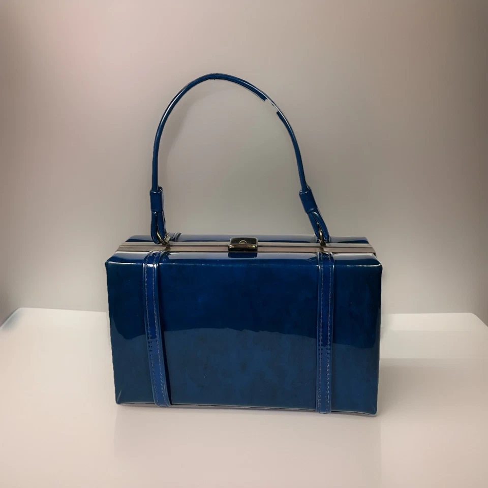Bolso de mano vintage de charol pequeño retro azul real años 50 60 Foto 4 de 4