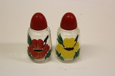 Vintage Hazel Atlas Hand Painted Floral Glass Salt Pepper Shakers Red Top Pair