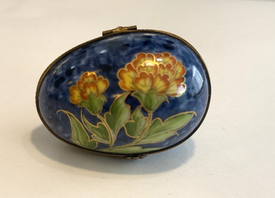Limoges France Peint Main Porcelain Egg Trinket Box Hand Painted Floral Blue