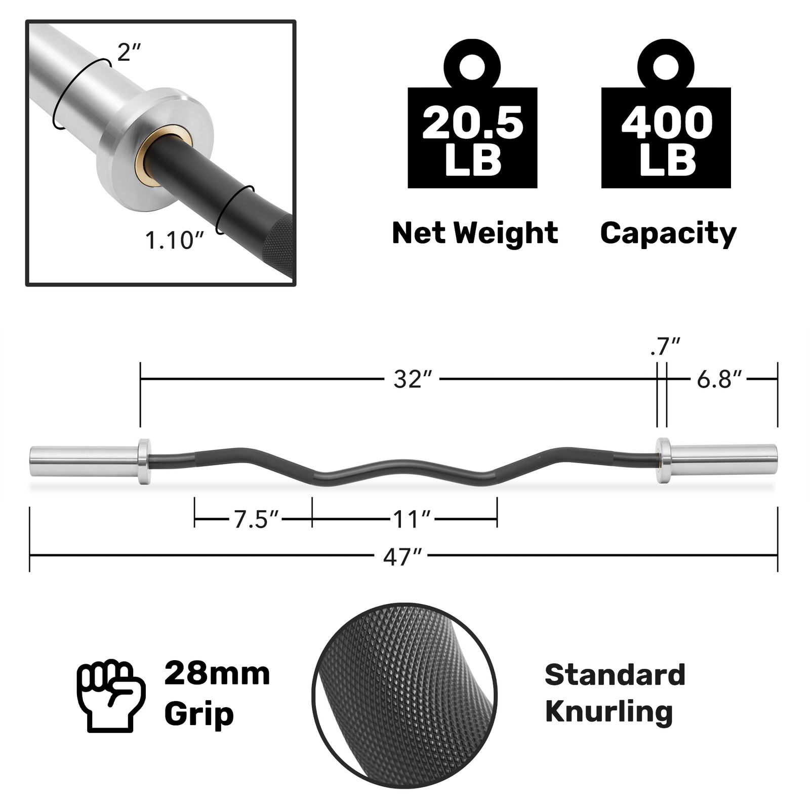 OPEN BOX - 47" EZ Curl Olympic Barbell - 9.3KG, 28mm Grip, 400LB Capacity