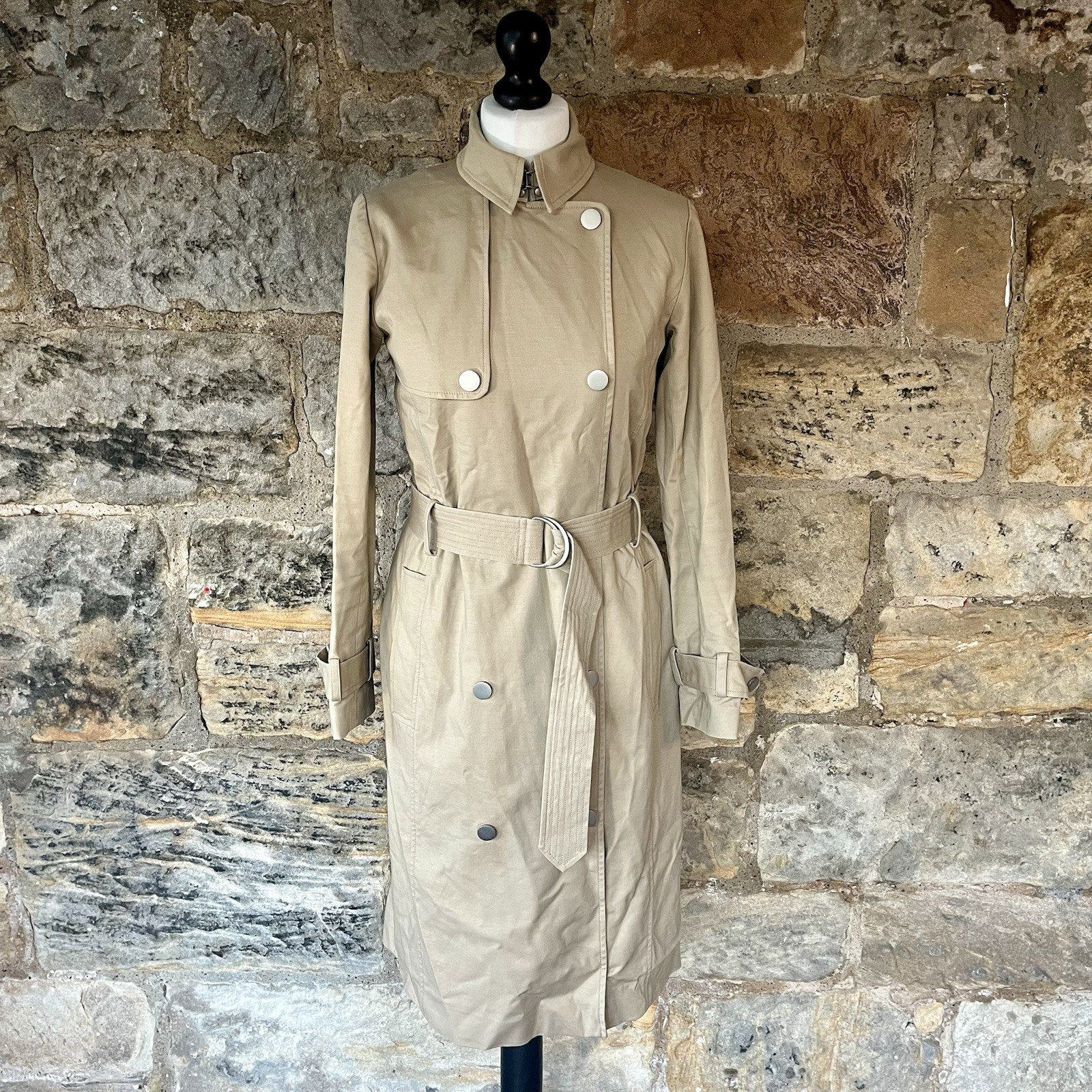 Whistles Cotton Trench Coat with Snap Popper D Ring Belt Midi Pocket in Silver Beige-image
