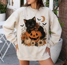 Cute Black Cat Pumpkin Halloween Sweatshirt Spooky Fall Crewneck Top