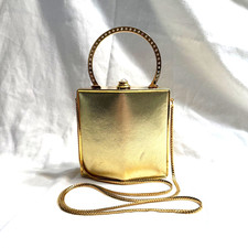 Inge Christopher gold leather rhinestone evening purse bag chain shoulder strap