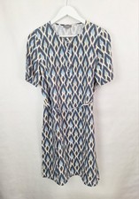 Jaeger Dress 100% Pure Linen Blue Geometric Ikat Print Casual Summer Size 10-12