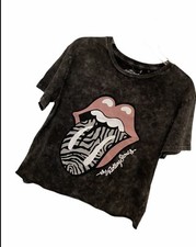 The Rolling Stones Tongue Graphic Logo Black Gray Tie Dye Crop T-Shirt Large L