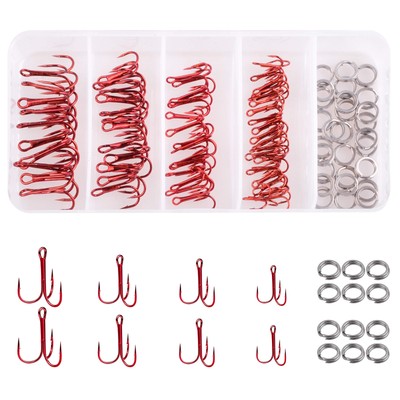Red Treble Hooks Kit Circle Round Bend Triple Fishing Hooks Stainless Steel D...