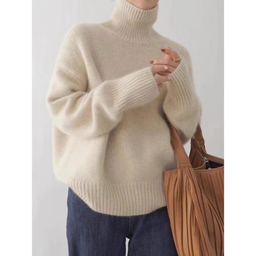 Suéter Suelto Cálido Tejido Otoño Grueso Mezcla Cachemira para Mujer Cuello Alto - Imagen 15 de 26