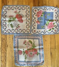 3 Vintage Floral Roses Handkerchief Set EUC Ladies Lot Pink  Blue Bouquet