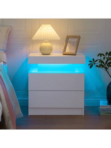 Modern LED Nightstand Bedside Table with 2 Wood Drawers Bedroom Side Table light - Picture 2 of 20