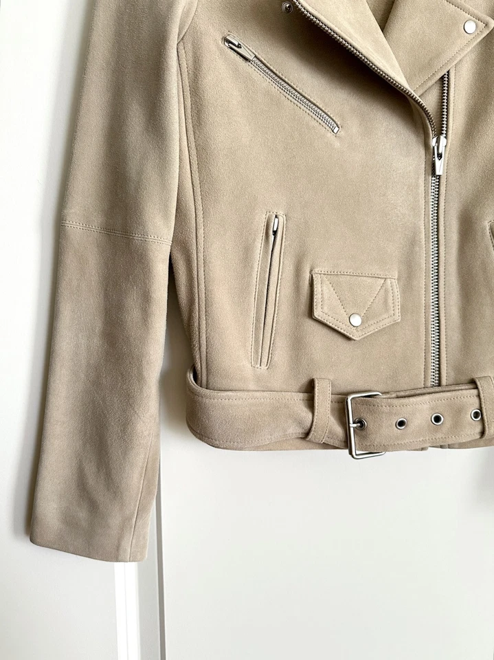 Chaqueta de moto VEDA de gamuza de cabra con cinturón en color topo talla S Foto 3 de 4