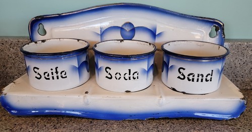 Antique German Enamelware Blue & White Seife Soda Sand Laundry Wall Rack granite - Picture 2 of 20