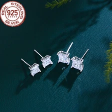 Real 5A 3MM-6MM CZ 925 Sterling Silver Square Prong Princess Cut Stud Earrings