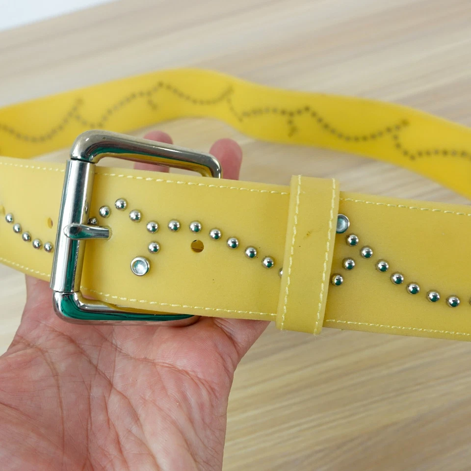 Vintage Rubber Belt M Women Yellow Stud Punk Silver Buckle Studded Jelly JAPAN - Image 2 of 4