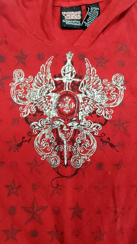 Point Zero Skull Sword Graphic Hooded Thermal-Sleeve Streetwear Red Shirt Men XL - Picture 6 of 9