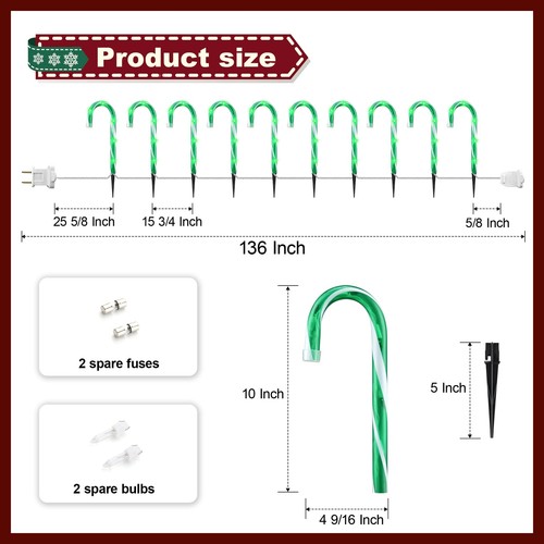 Candy Cane Lights Christmas Garden 10 Pack With Stakes For Walkway Patio Yard - Picture 5 of 9