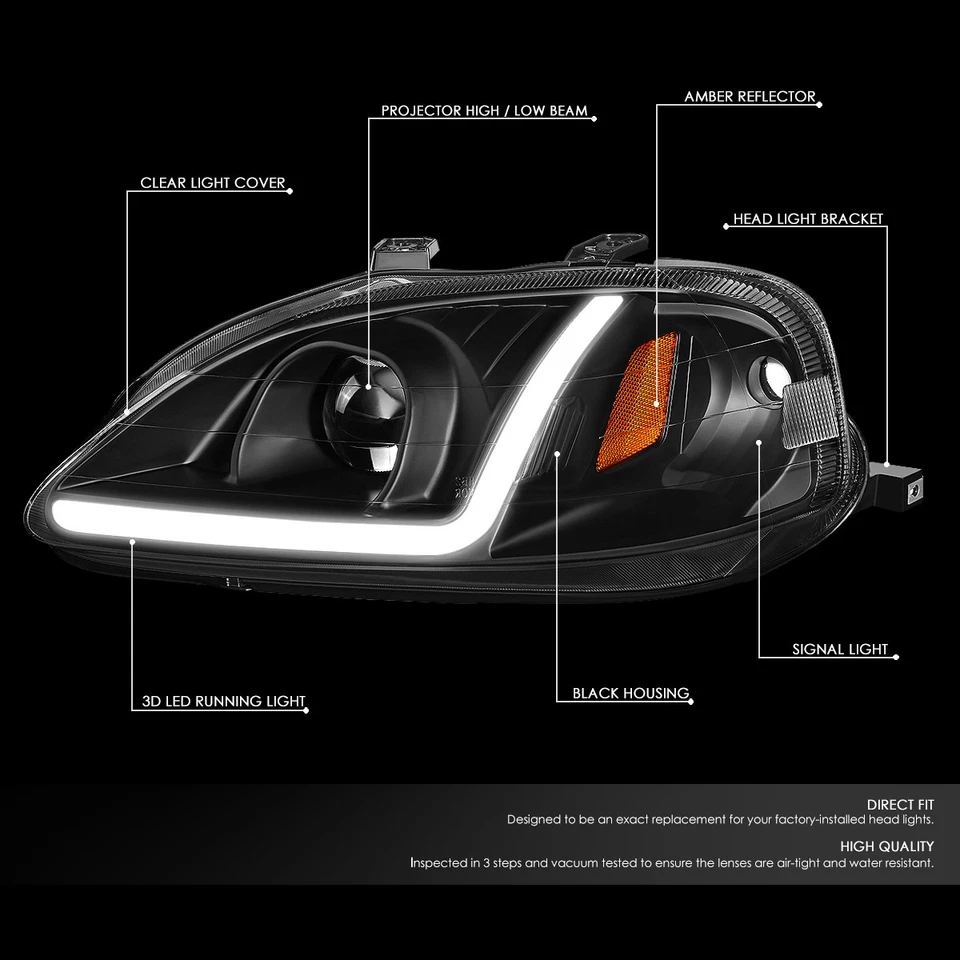 [LED DRL]FOR 99-00 HONDA CIVIC BLACK HOUSING AMBER CORNER PROJECTOR HEADLIGHTS - Image 2 of 4