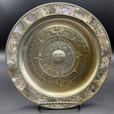 Aztec Calendar Plate Mother Of Pearl Abalone Inlay Mexico Alpaca Silver 7 