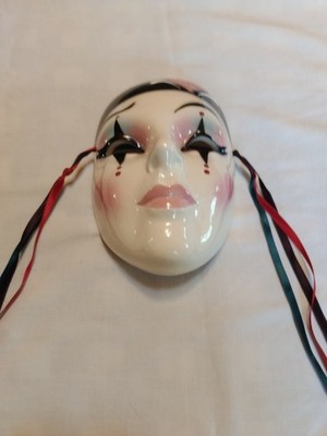 Vintage Ceramic Wall Mask,1990 CLAY ART,Mime Jester Design, Hand Painted Ribbon.