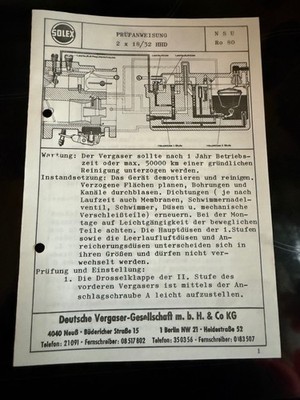 NSU Ro 80 Solex Prüfanweisung 2x18/32 HHD Vergaser Original von TKD 11.63