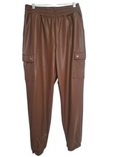 Haute Monde Faux Leather Cargo Pants Womens L Brown PU Jogger Style Streetwear