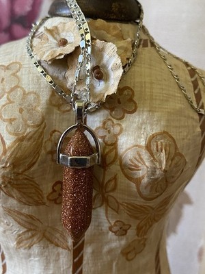 Crystal Point Pendant Necklace 925 Prism Goldstone Pendant Chakra Reiki Healing