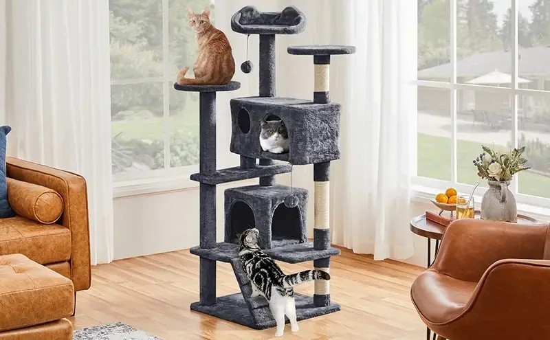 Arbre à chat XXL gris à 5 niveaux avec griffoir en sisal et tour de jeu