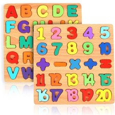 2 Pack Wooden Puzzles, Toddlers Alphabet Number Puzzles, ABC Learning Toys for