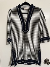 Tory Burch XS Navy/White Striped Towel Terry stripe V-Neck 3/4 Sleeve