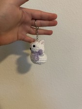 Handmade Amigurumi Crochet Bunny W/Bowtie Keychain/Decor Stress/Mental Aid 