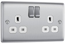 BG Electrical Double Switched Power Plug Wall Socket, Nexus Metal, Brushed Steel