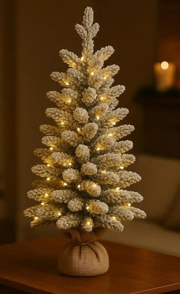 3 Pies Reina Rebaño Pre-Iluminado Rey del Árbol de Navidad Blanco Cálido Luces LED Arpillera Nuevo Foto 2 de 4