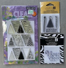 NEW Ink Stamps Hero Arts Studio G Happy Birthday Thank You Flags Christmas Trees