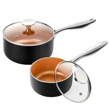 Nonstick 1Qt & 2Qt Copper Sauce Pan Set with Lid Small Pot with Lid Ceramic