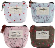4Pcs Colour Coin Purse, Mini Canvas Change Purse Coin Pouch with Flower Patte...