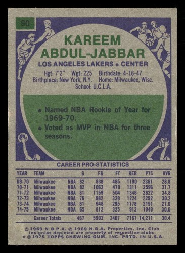 1975-76 Topps Kareem Abdul-Jabbar #90 Los Angeles Lakers VG-EX/EX Y6432 - 第 2/2 張圖片