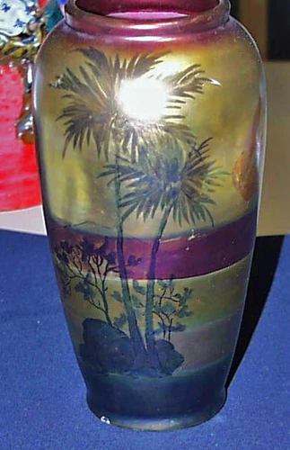 Wonderful Large Weller LA SA Metallic Glaze Palm Tree Ocean Scene Gold Purple