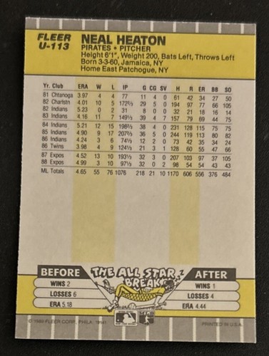 1989 Fleer Update Neal Heaton Black Dot Baseball Card #U-113 Pirates Pitcher VG - Picture 3 of 3