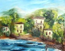 Vintage  oil painting river landscape village
