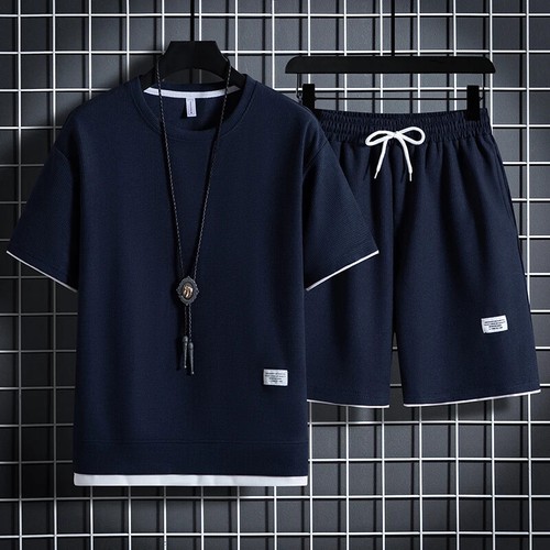 Summer Men's Waffle Sets Casual T-Shirt And Shorts Set Male Sports Suit Solid - Picture 22 of 27