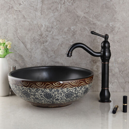 Rubinetto rubinetto miscelatore montato vaso in ceramica lavandino rotondo vasca da bagno ponte - Foto 4 di 6