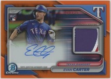 2024 BOWMAN CHROME EVAN CARTER ROOKIE RELIC AUTOGRAPH ORANGE 20/25 TEXAS RANGERS